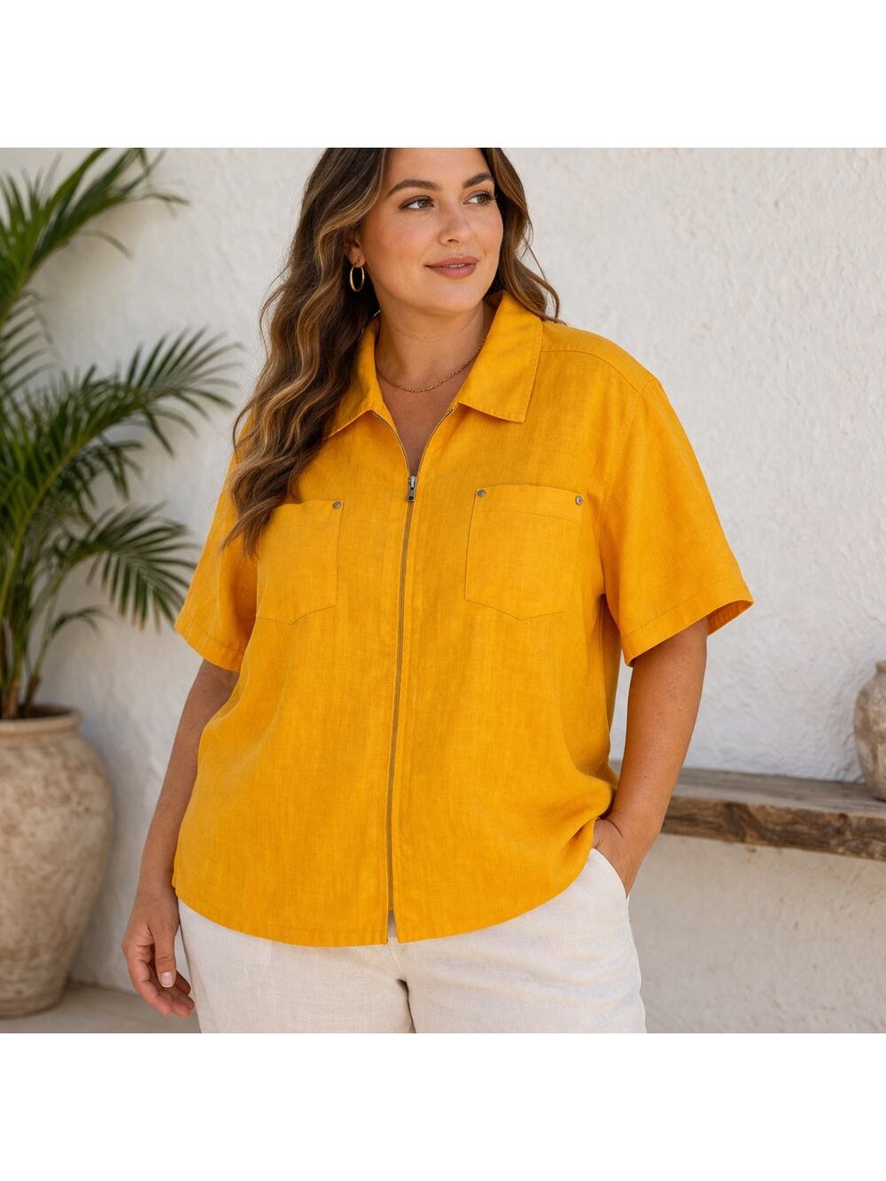 Venezia Jeans Yellow Linen Blend Zip Front Short Sleeve Blouse Size 18/20 NWT